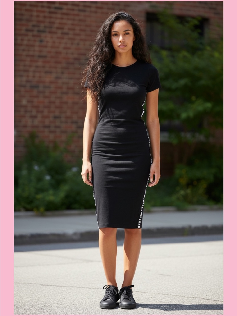 DKNY Black Short-Sleeve Fitted Midi Dress with Side Logo Trim